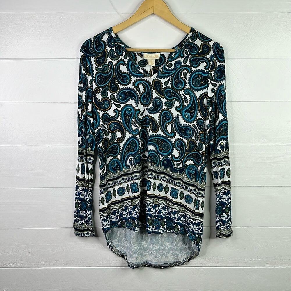LUCY & LAUREL White Blue Paisley V Neck Long Sleeve Blouse Top Shirt Size‎ Small